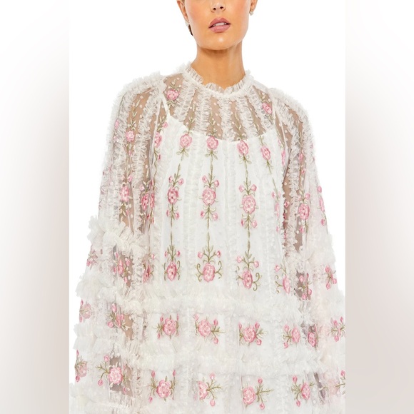 MAC DUGGAL Embroidered Long Flare Sleeve Mesh A-Line Dress - Picture 3 of 6